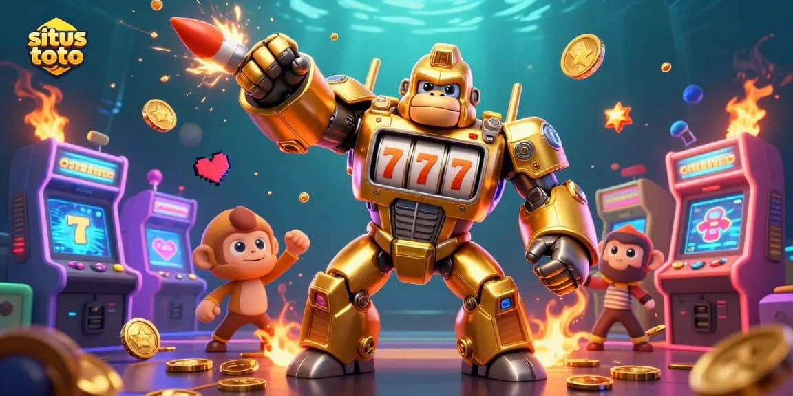 Situs toto gaming scene featuring a golden gorilla mech with slot parts and exciting casino elements.