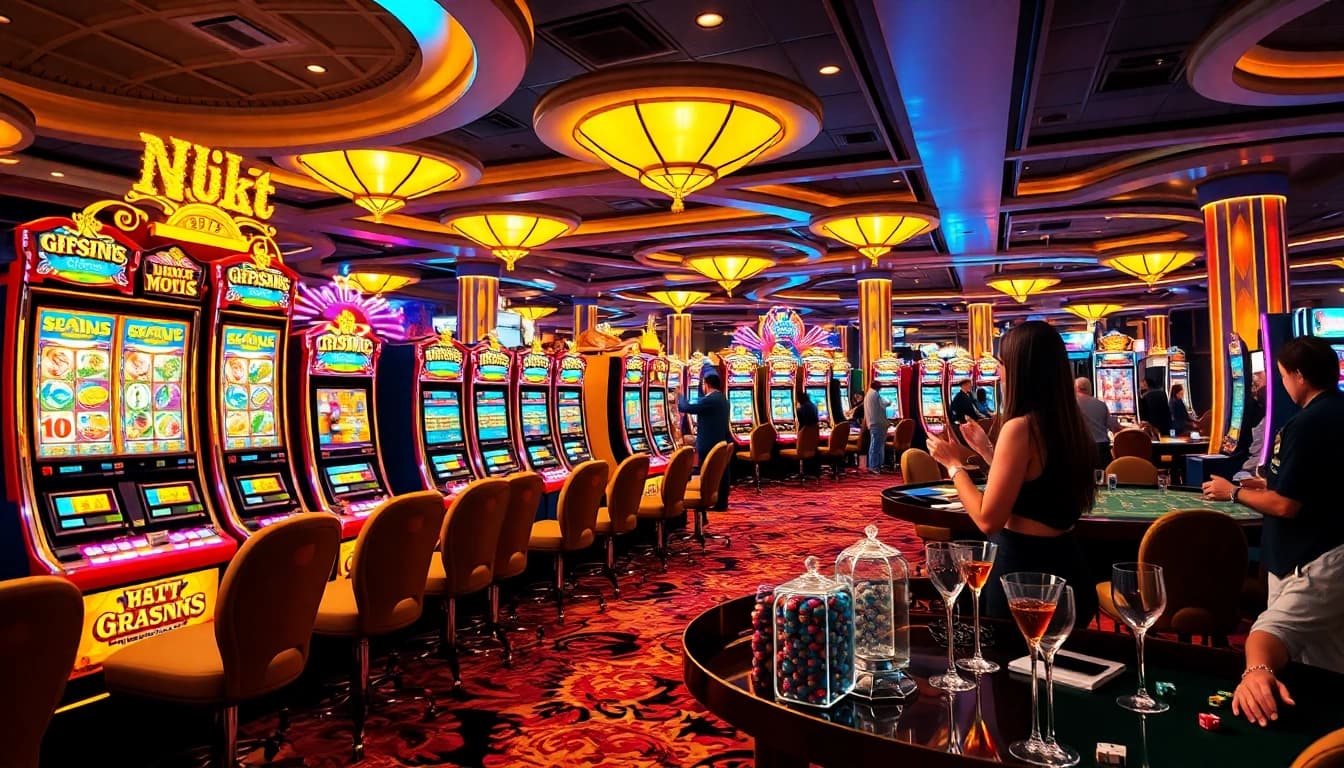 Slot players celebrating wins while enjoying a vibrant and luxurious casino atmosphere with colorful machines.