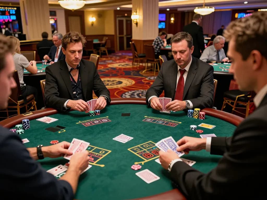 Players enjoying high-stakes blackjack at the B52 casino floor, showcasing intense gameplay and dynamic interaction.