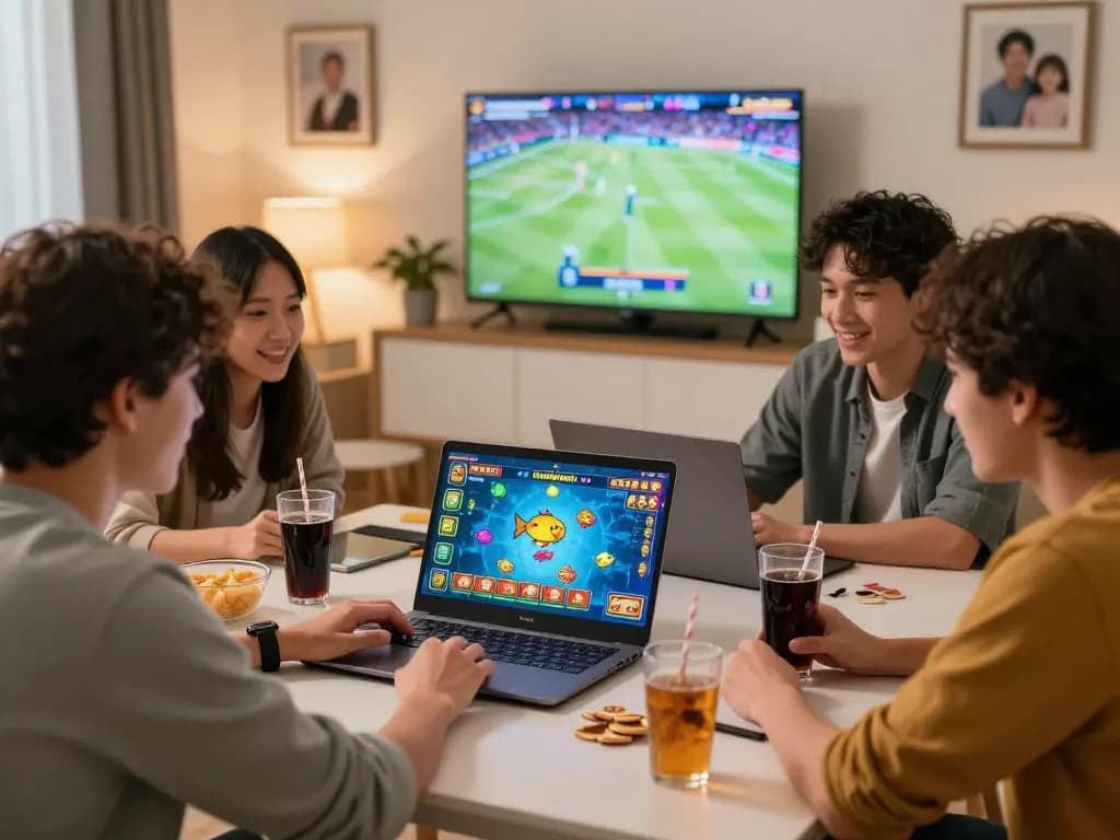 Exciting gaming scene with friends enjoying uu88 bắn cá in a cozy setting.