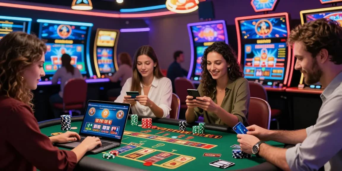 Players enjoying games at casinos that accept credit cards, featuring vibrant interactions and digital displays.