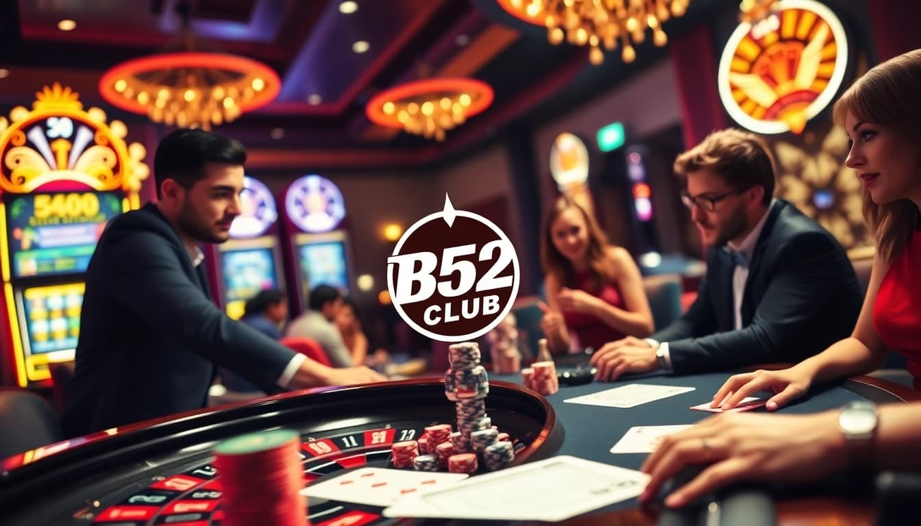 Experience the thrill of B52 CLUB with players at a poker table and roulette excitement.
