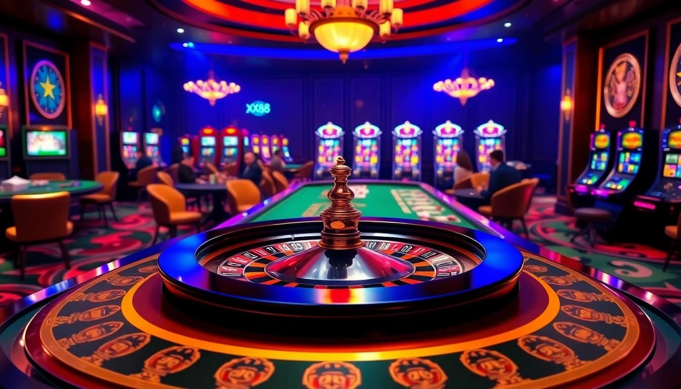 Engaging casino scene showcasing XX88's luxurious games with poker tables, slot machines, and roulette wheel.