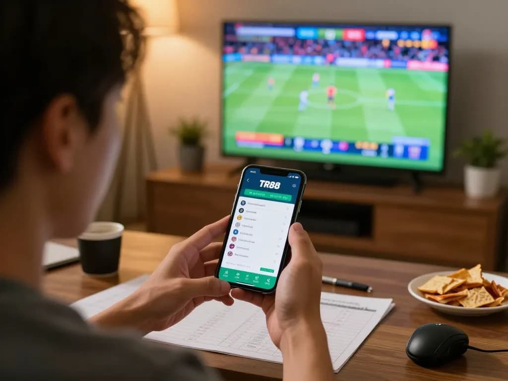 Active user placing bets using tải tr88 app on smartphone during live sports event.