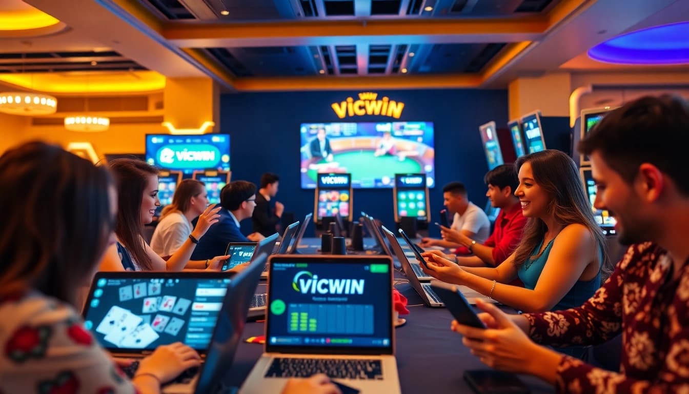 VICWIN online casino players enjoying a vibrant gaming experience with rich colors and engaging elements.