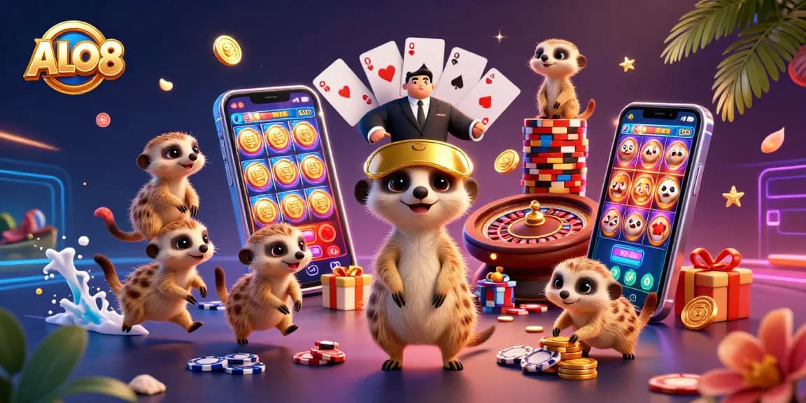 Experience the fun at ALO8 with meerkats running a vibrant casino, featuring dynamic game elements and exciting visuals.