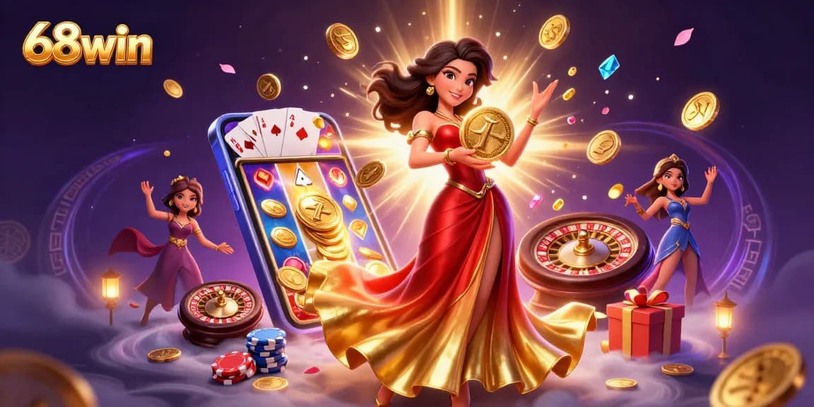 Join in the excitement at 68win as the stunning Asian woman holds a golden coin amidst a backdrop of colorful casino elements.