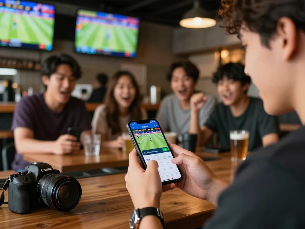 Bongdalu app user actively betting on live football scores at a lively sports bar.