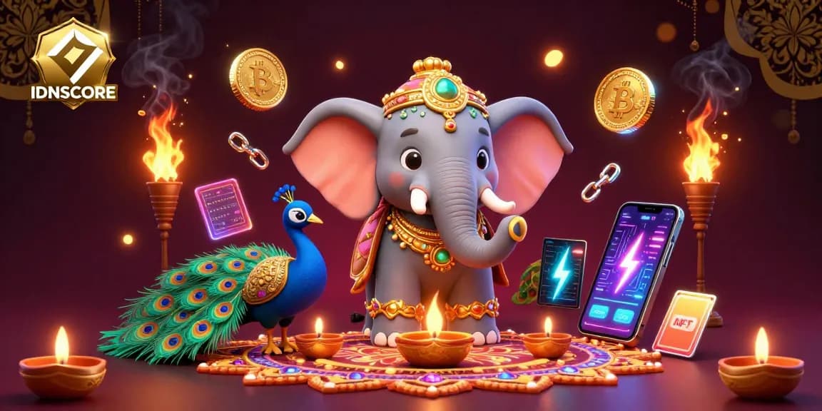 Experience thrilling online gaming at IDNSCORE with vibrant characters illustrating a festive gaming scene.