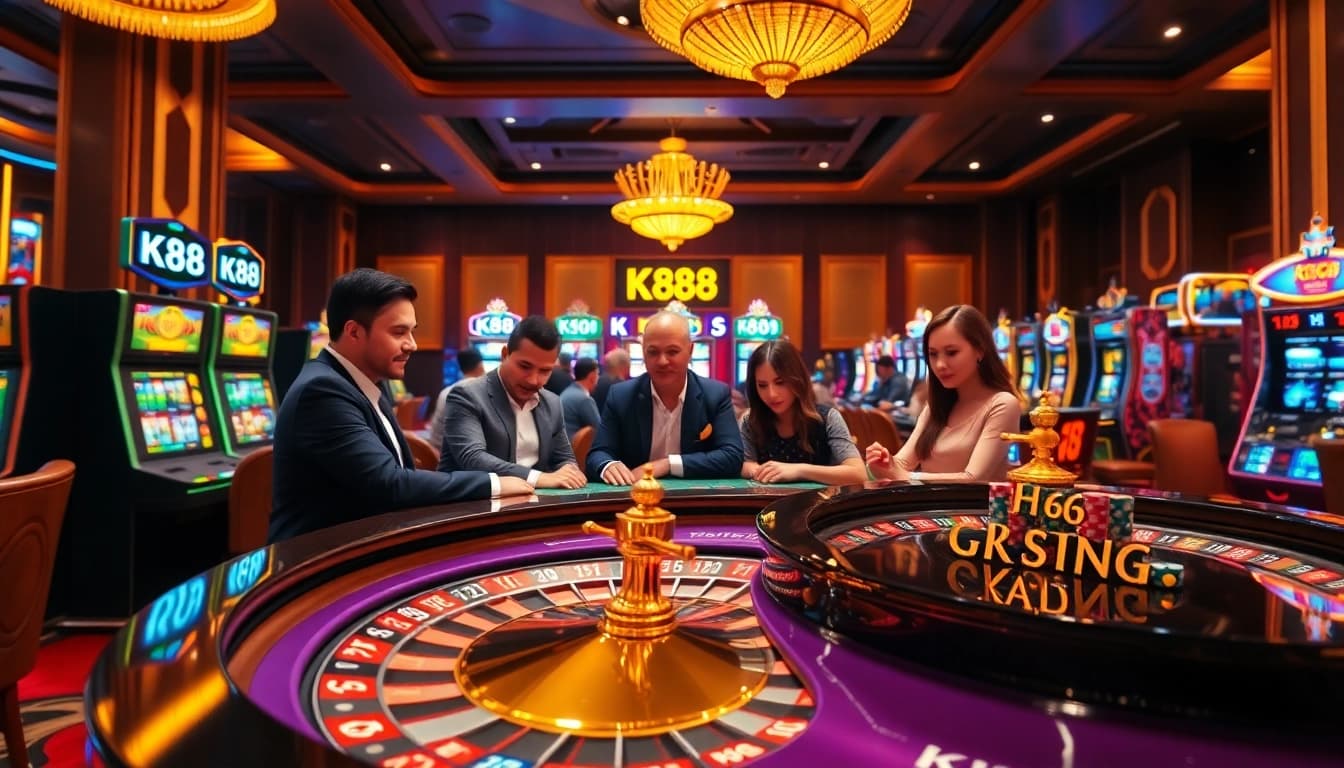 K88 branding showcased in a lively casino scene with players engaged around a roulette table, expressing thrill.