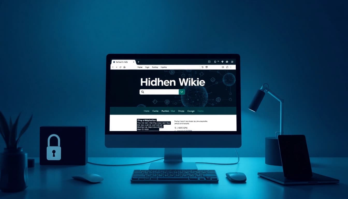 The hidden wiki website displayed on a secure Tor browser in a modern workspace, symbolizing safe dark web navigation.