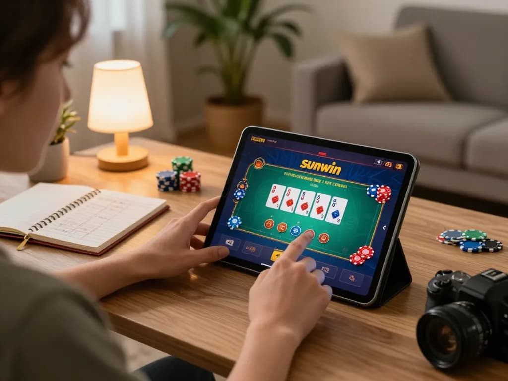 Engaging sunwin online poker gameplay on a cozy home setup, showcasing strategy notes and lively atmosphere.