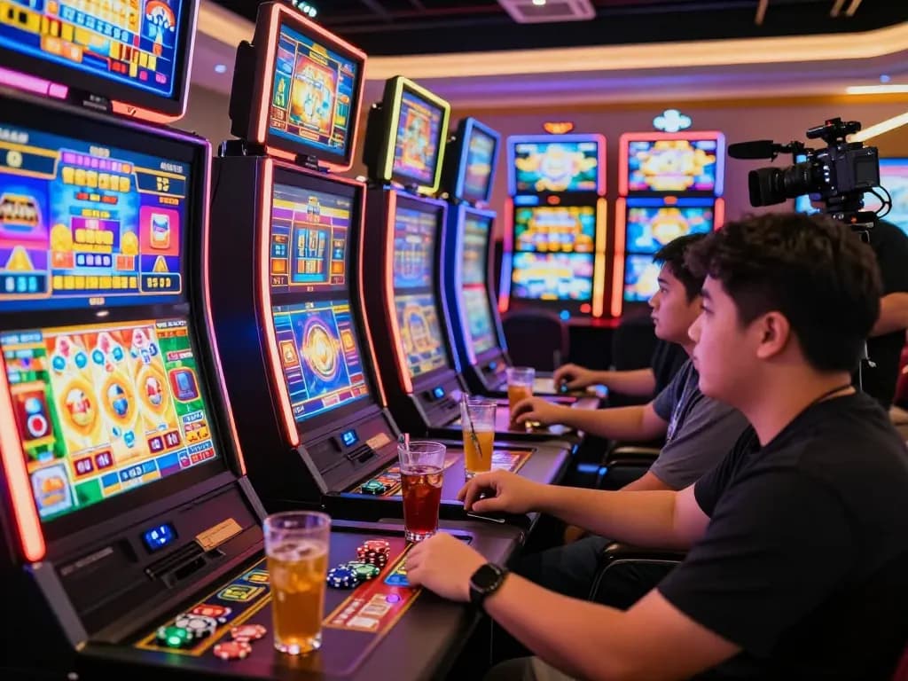 Exciting online gaming scene showcasing players at situs gacor slot machines with vibrant screens and chips.