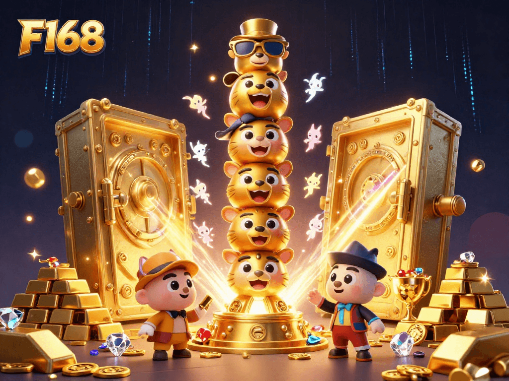Experience thrilling wins at F168 with a vibrant 3D casino scene featuring golden treasures and dynamic gaming elements.