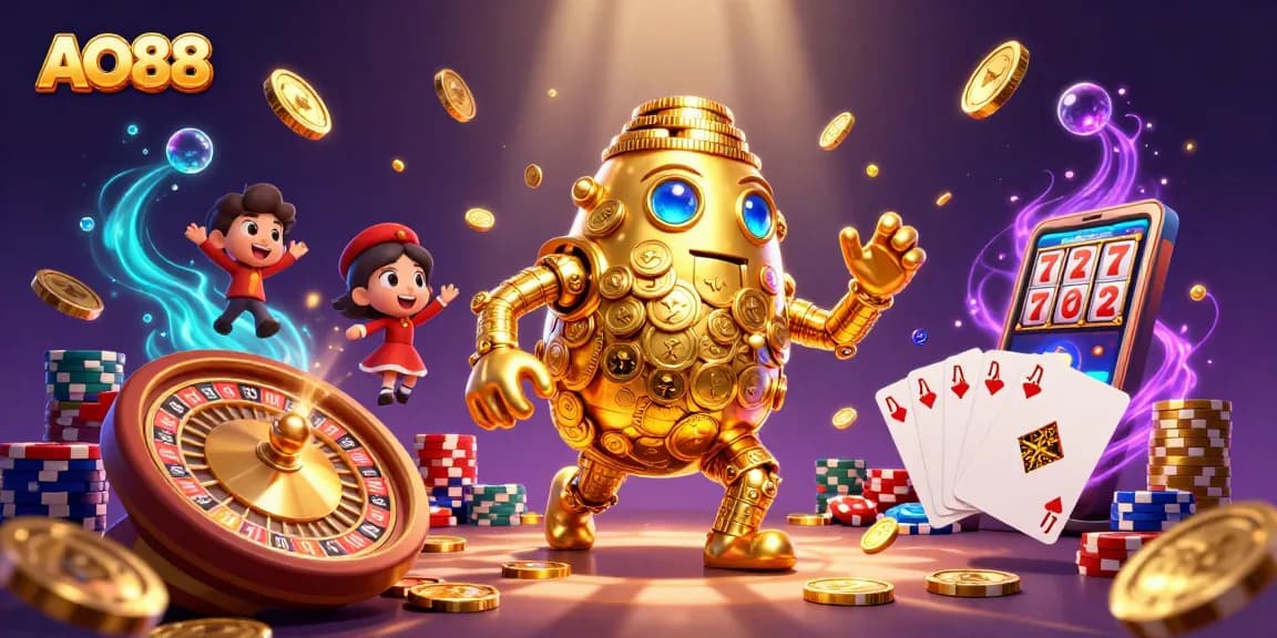 Spin to win at AO88 with golden golem, vibrant casino elements, and jackpot treasures!