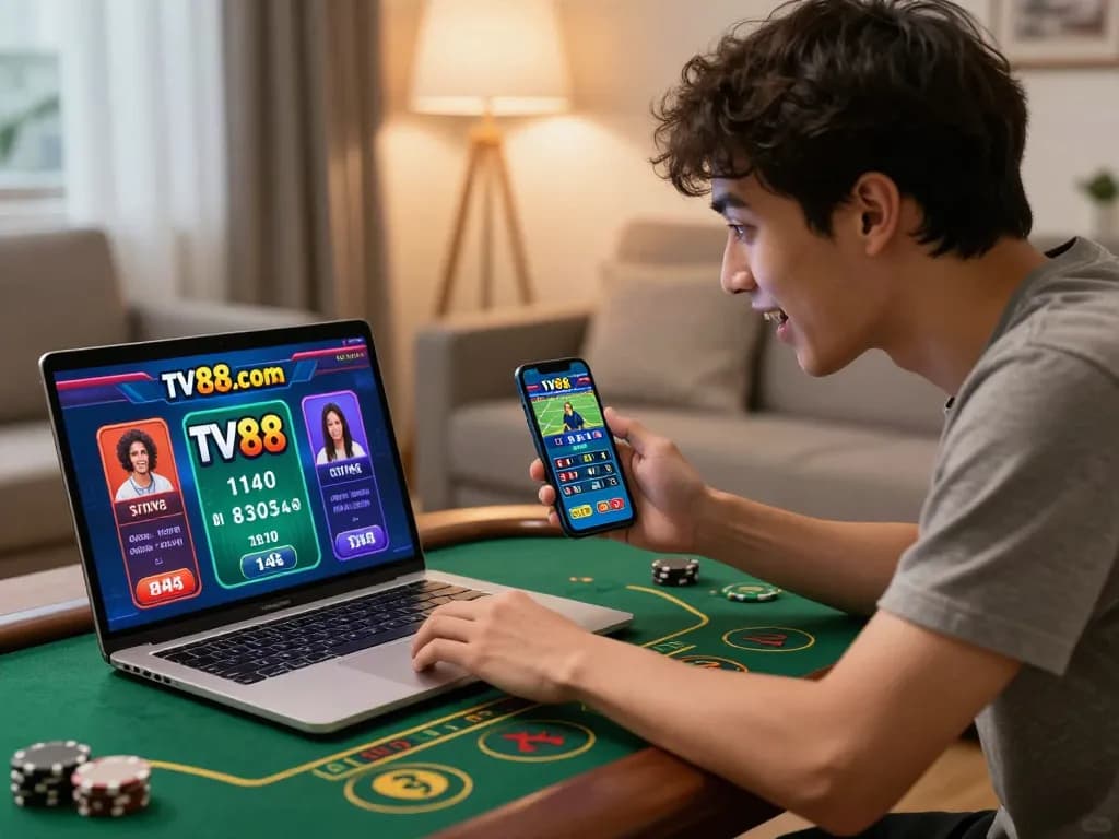 Excited user engaging with TV88 com online gambling platform on a cozy night.