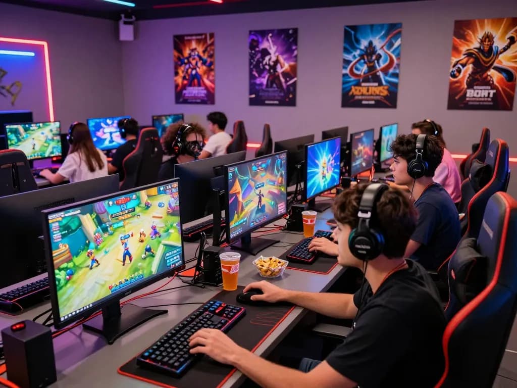 Engaged players enjoying games at https://qnk88.com/ in a lively gaming lounge.