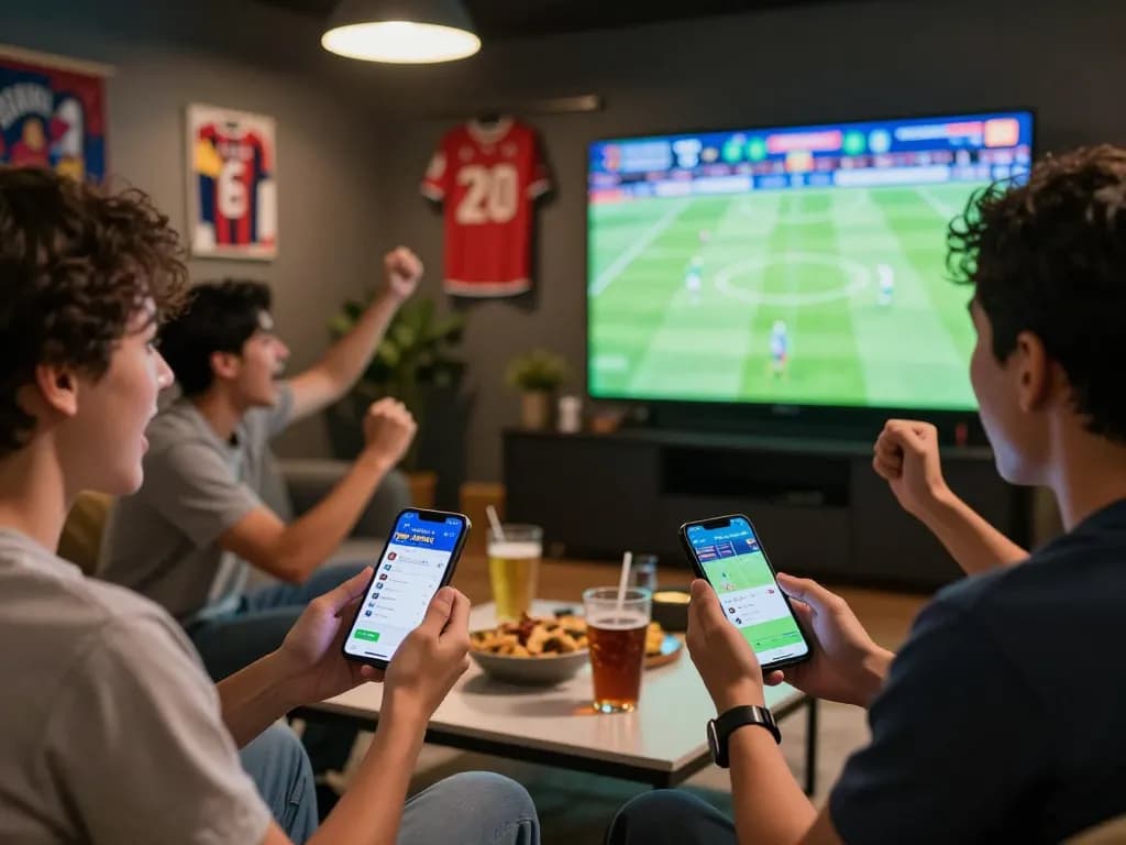 Engaged friends utilizing the 7meter Judi Bola app for live sports betting excitement