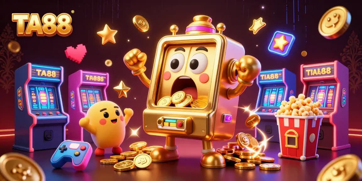 Engaging illustration of TA88 slot machine celebrating a jackpot amidst neon casino elements.