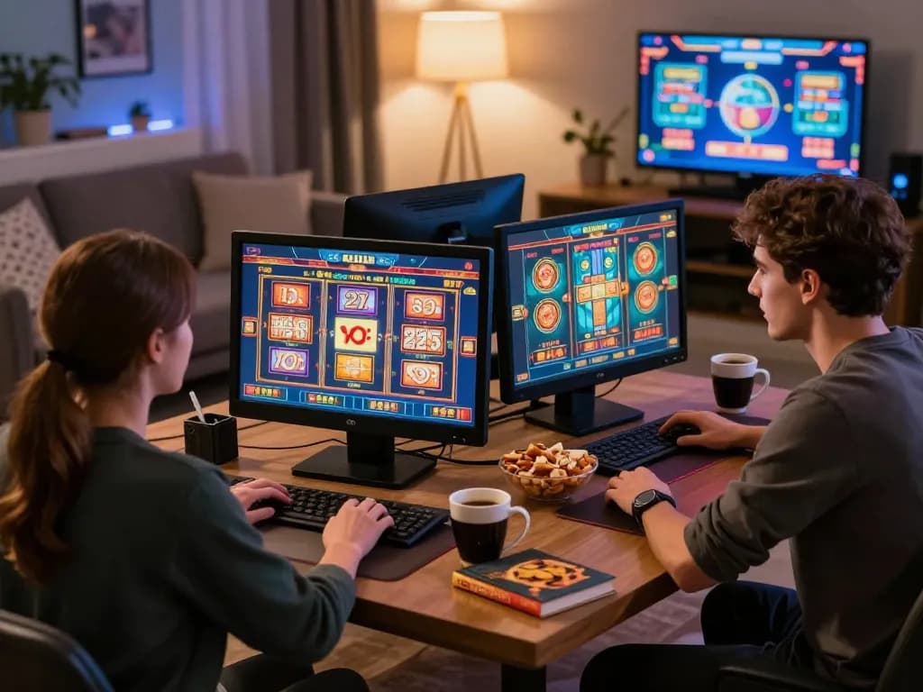 Engaging scene of players enjoying slot games on their devices in a cozy home setting.