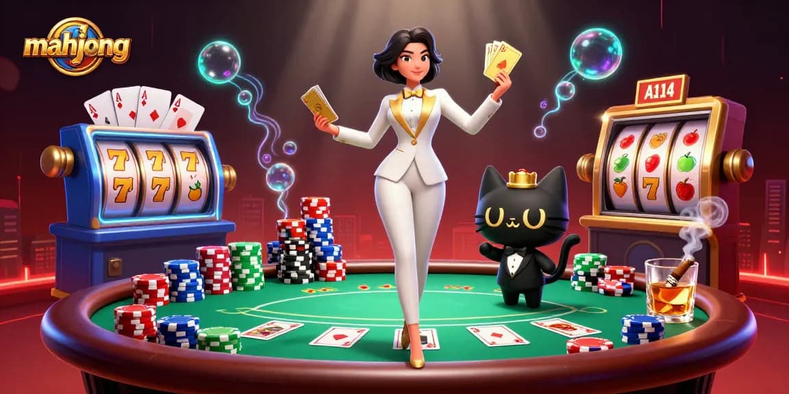 Experience exciting mahjong gameplay with vibrant characters and dynamic casino elements in this engaging illustration.
