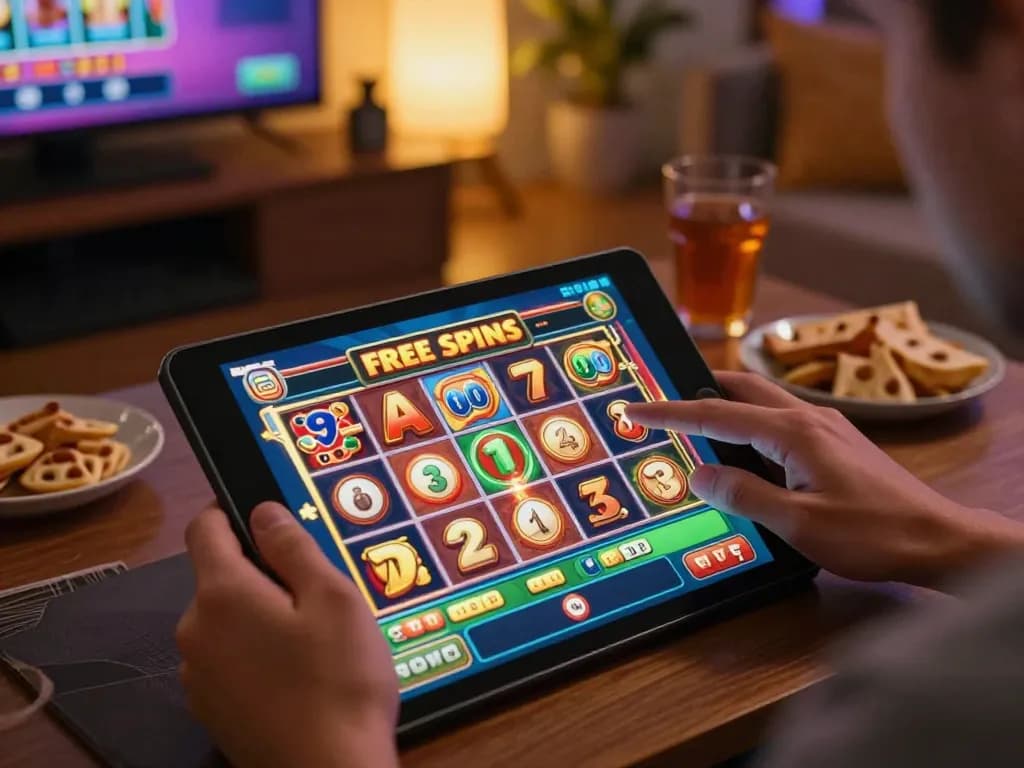 Player activating a free spins casino bonus on tablet while enjoying a home gaming session.