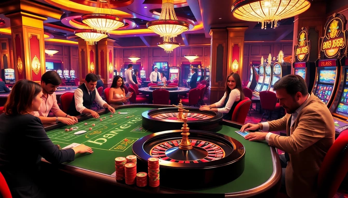 Exciting gaming scene at a casino highlighting bl555 brand with players at roulette and poker