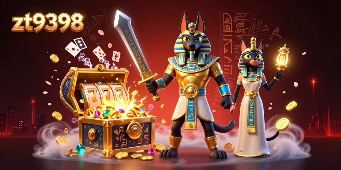 Experience thrilling wins at zt9398 with vibrant slot reels surrounded by ancient Egyptian symbols and treasures.