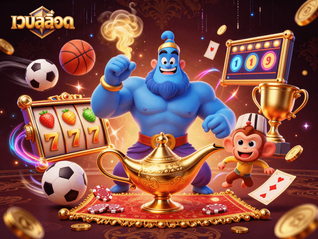 Experience เว็บสล็อต excitement with a vibrant scene featuring a muscular blue genie, iconic slot symbols, and flying poker chips.