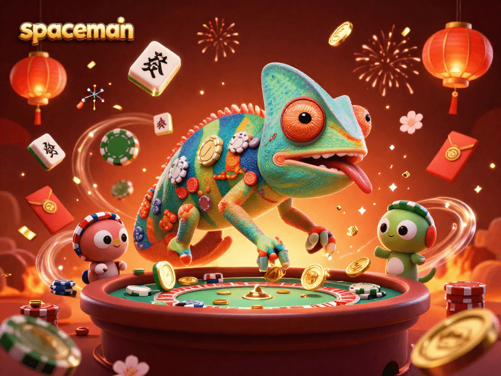 Score big with the spaceman chameleon at the casino, surrounded by vibrant gambling elements.