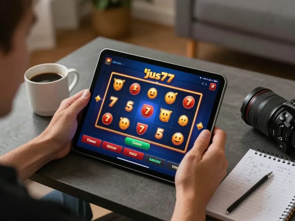 Engaging online gaming moment with jus77 app displaying vibrant slots, creating excitement at home.