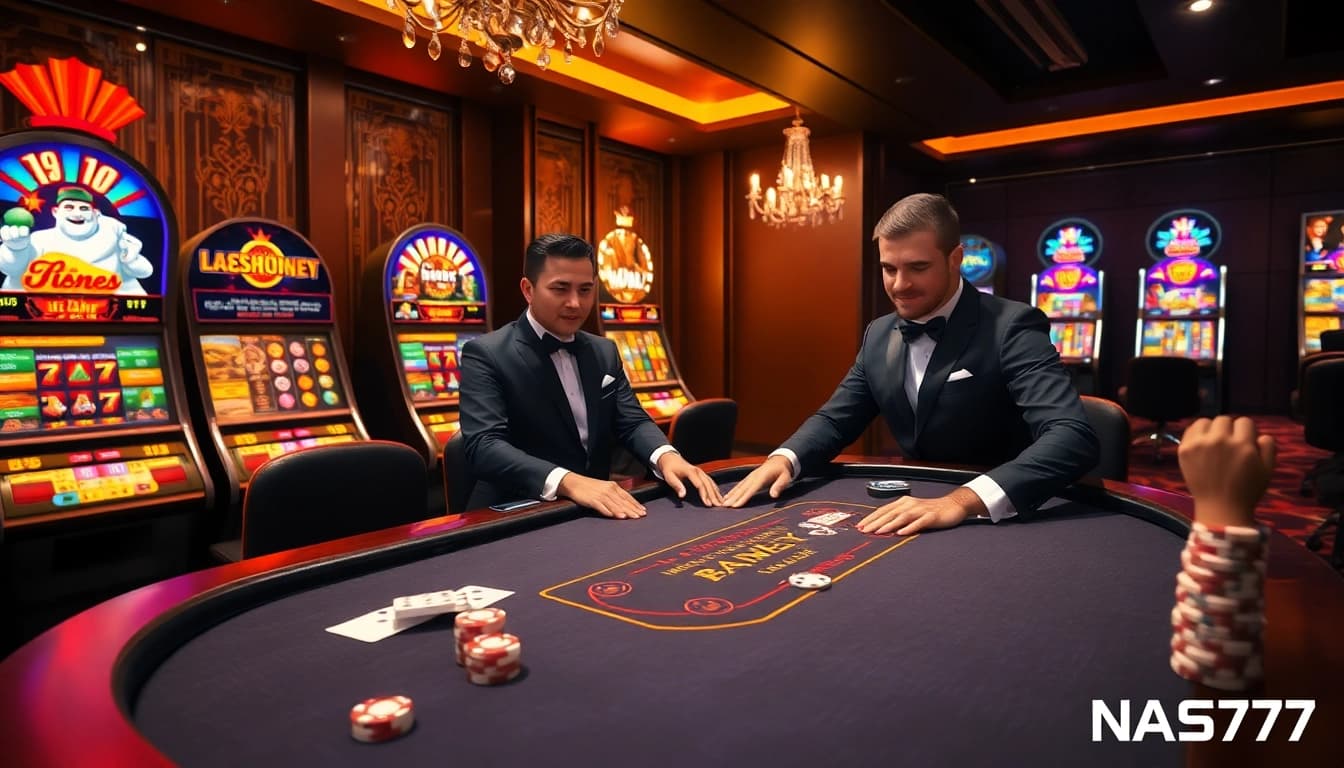 Engaging live dealer action at NA777's luxurious blackjack table, surrounded by vibrant slot machines.