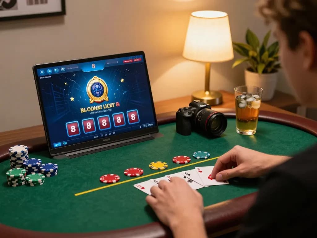 Player enjoying blackjack on luck8 platform with cozy home setup and warm lighting.