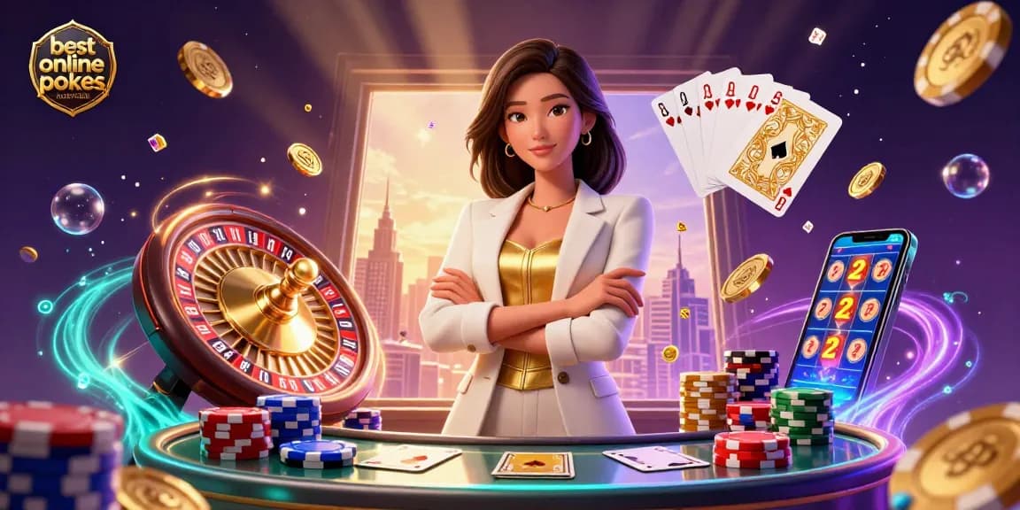 Experience the thrill of the best online pokies australia with an energetic 3D illustration of a confident businesswoman and vibrant casino elements.