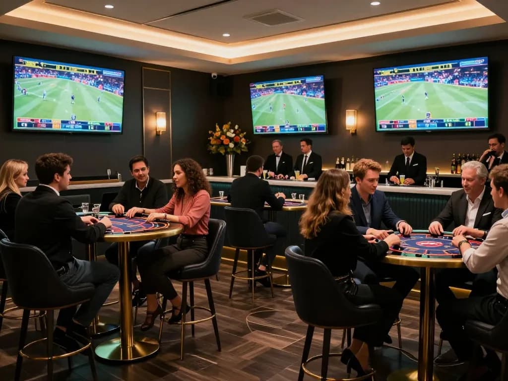 Excited patrons analyzing tỷ lệ bóng đá while placing bets in a luxurious sports betting lounge