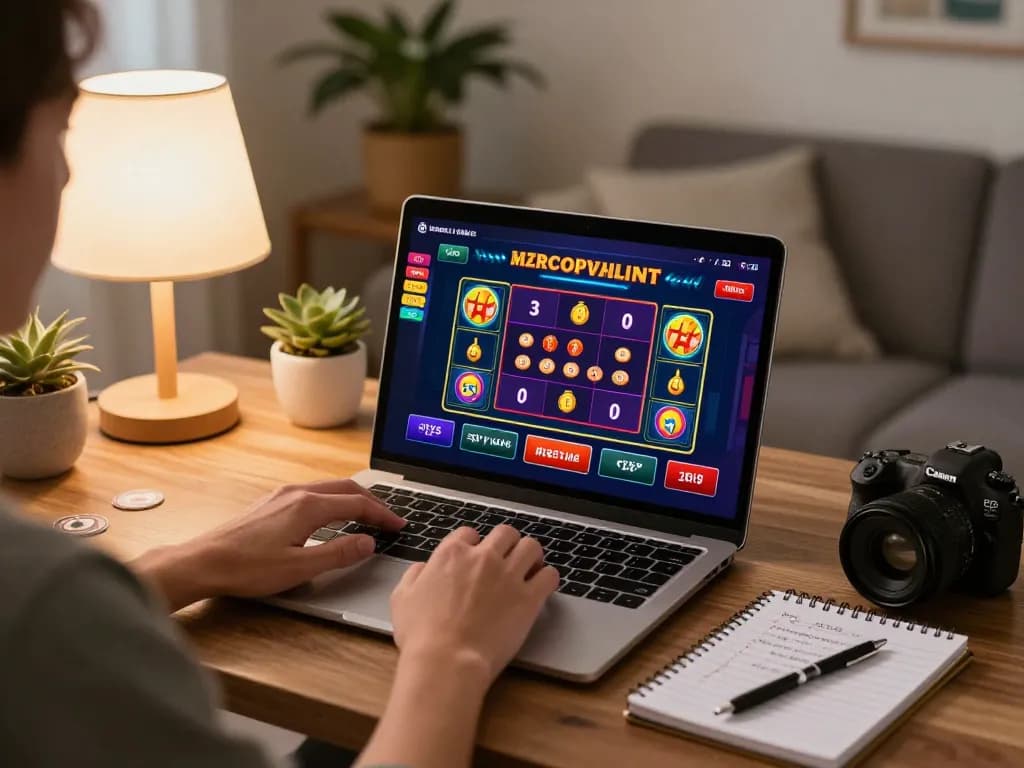 Engaging with UU88 online casino gaming from home, showcasing a vibrant laptop screen with games.