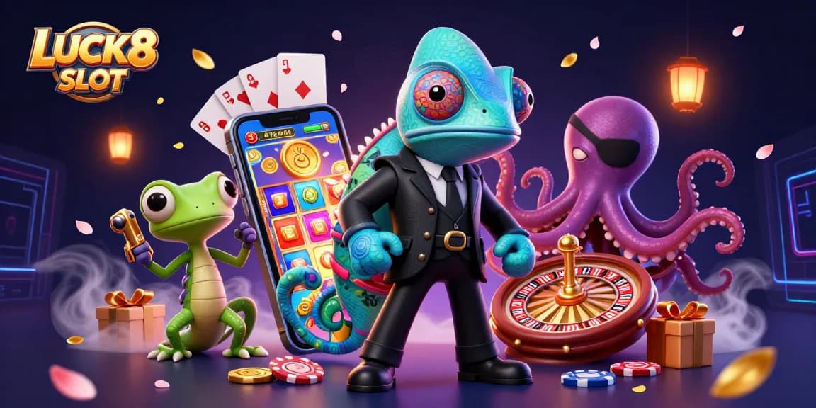 Experience the excitement of LUCK8 SLOT with vibrant symbols and thrilling gameplay amid colorful casino elements.