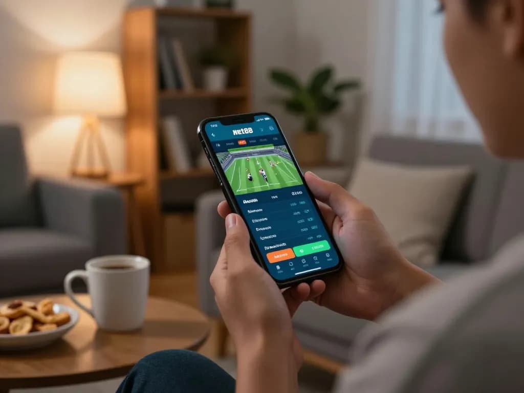 Person using the net88 app for sports betting in a cozy home setting with a smartphone.