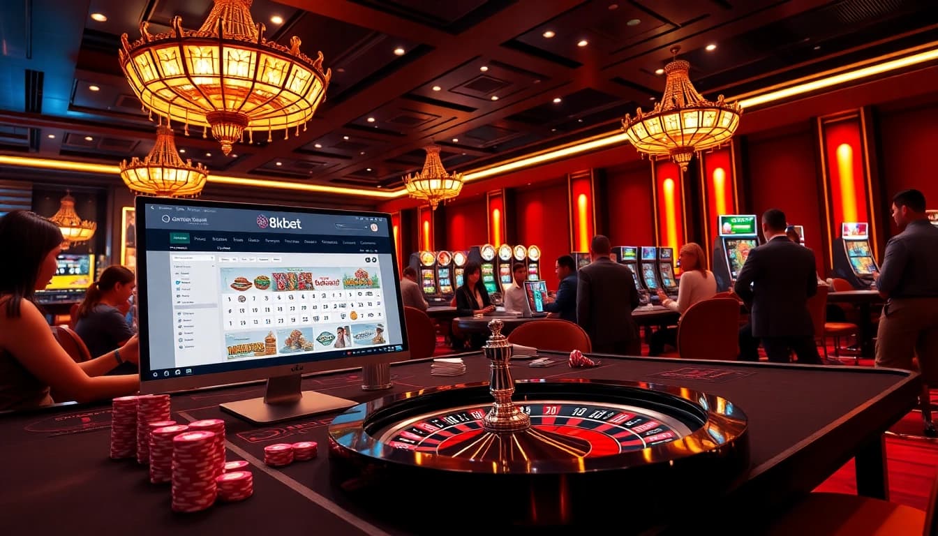 Experience thrilling online gaming at 8kbet with vibrant casino tables and exciting slot machines.