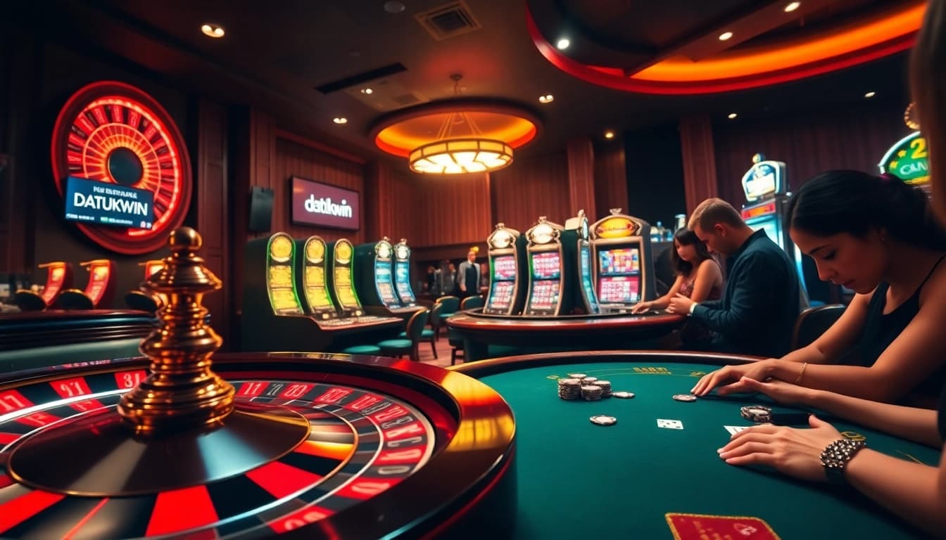 Putaran kemenangan di Datukwin: Suasana kasino yang hidup dengan elemen roulette dan poker.