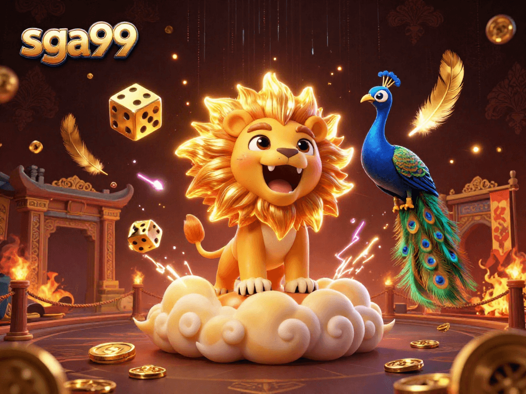 Engage with sga99 through thrilling gameplay featuring a roaring sun lion and golden dice in a vibrant casino scene.