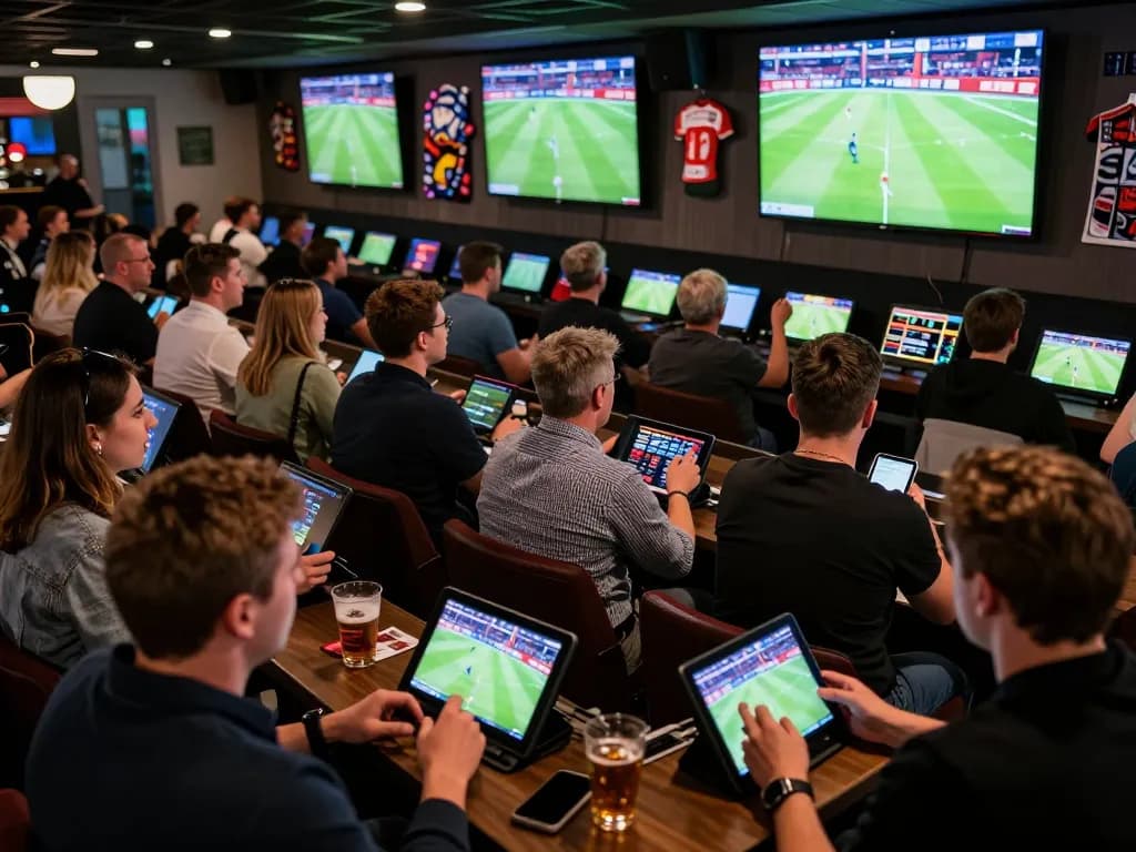 Betting excitement on game go8 in a lively sports bar during live Bundesliga match.