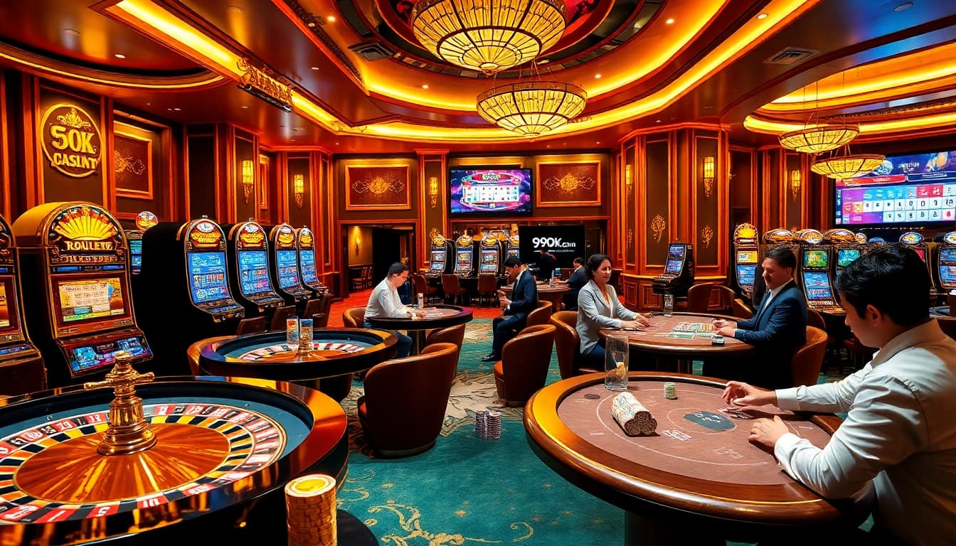 An energetic casino scene showcasing gambling excitement with 99ok.co.im branding, players at tables and slot machines.