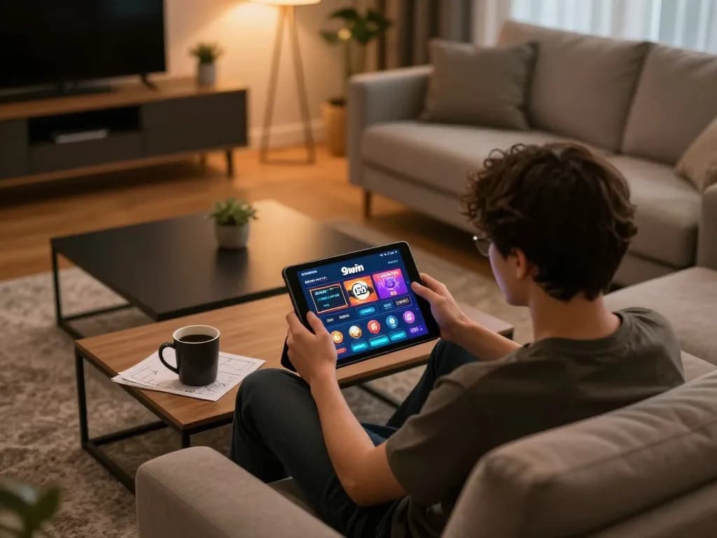 Engaging gameplay on 98win com shown on tablet in a cozy, modern home setting.