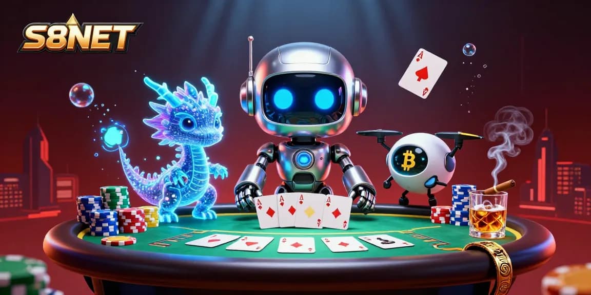Play thrilling games at S8NET while winning with poker and chips in a cyberpunk casino atmosphere.