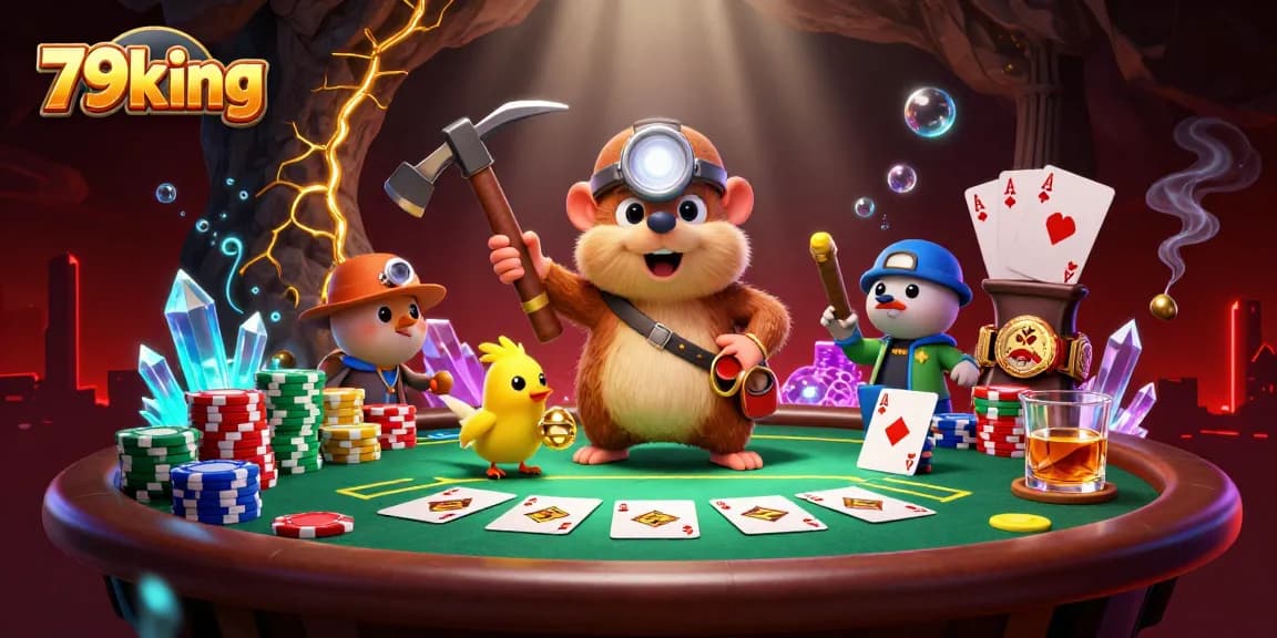 Engage with 79king's vibrant casino scene featuring a treasure hunter and poker elements.