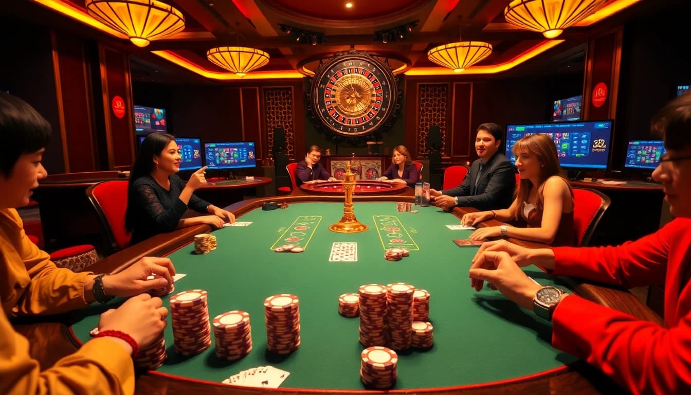 Excited players at a lc888 poker table with vibrant chips and a shining roulette wheel.