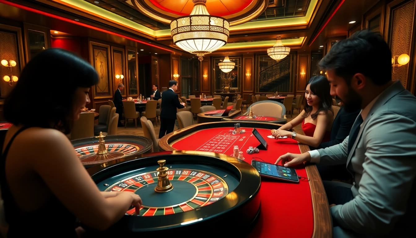 Experience thrilling gameplay at 188bet with poker chips and roulette wheels in a vibrant casino.