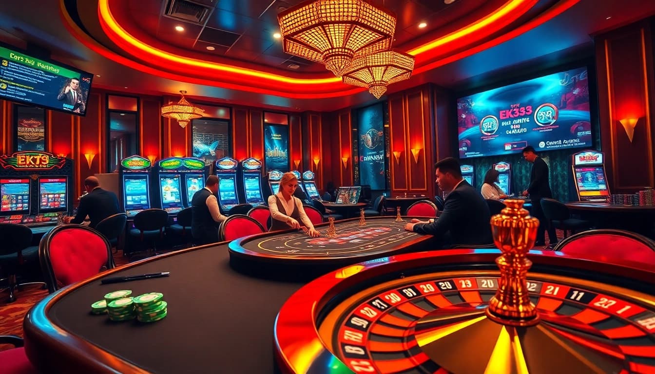 Experience the excitement of EK333 with vibrant casino visuals showcasing high-stakes poker and immersive online gameplay.