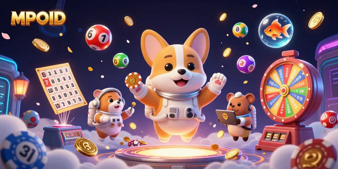 Experience thrilling MPOID casino action with a colorful floating scene of characters amidst crashing slots and lively gaming.